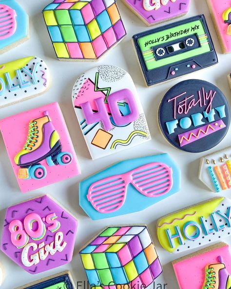 She’s just an 80’s kind of girl! This was my first crack at a retro 80’s set and I’m here for it! I was so excited to use these neon glow… | Instagram 80s Birthday Parties, Ring Pops, 90s Theme Party, Cookie Decorations, Cookies Birthday, 80s Theme, 35th Birthday, Dark Colours, Barbie Birthday