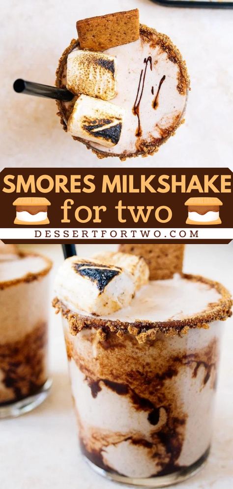 A homemade milkshake in 20 minutes! This chocolate dessert for two starts with vanilla ice cream. Complete with graham crackers, marshmallows, and chocolate sauce, this s'mores milkshake recipe is a delightful summer drink idea! S’mores Smoothie, S’mores Milkshake, Cool Milkshakes, Fun Milkshake Ideas, Smores Shake, Smores Milkshake, Homemade Milkshake Recipe, Milkshake Ideas, Vanilla Milkshake Recipe