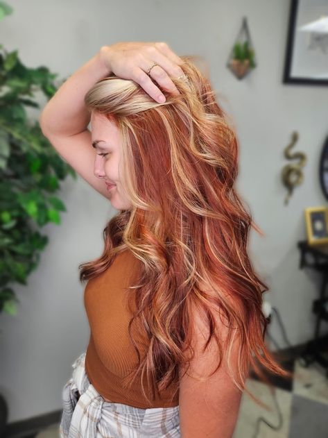 Beautiful cowboy copper with highlights that is perfect for this Fall 2023! #2023hairtrends #hair #trends #cowboycopper #highlights #fall #2023 #hairinspo #hairgoals #red #redhair #copper #inspohair #hairbyrachelwaites #blonde #longhair Peekaboo Hair Color Copper, Copper Hair With Blonde Peekaboos, Red Hair With Peekaboo Color, Blonde With Copper Peekaboo, Cowboy Copper With Blonde Highlights, Copper Peekaboo, Copper With Highlights, Cowboy Copper Hair With Blonde, Copper With Blonde Highlights