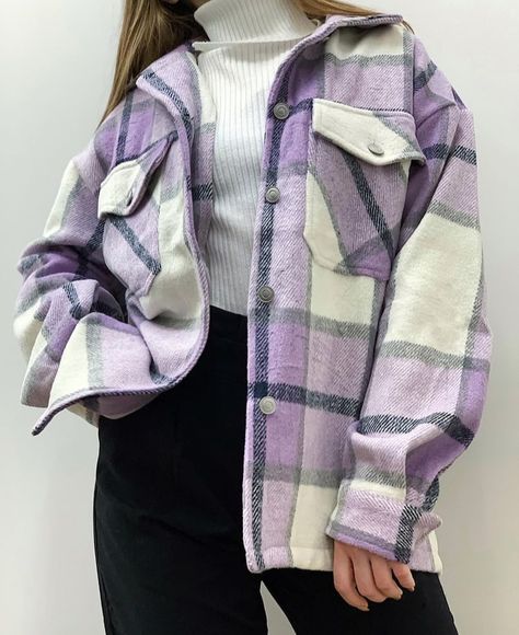 Purple Plaid Jacket Outfit, Winter Shacket Outfit, Purple Flannel Outfit, Purple Jacket Outfit, Plaid Jacket Outfit, Shacket Outfit, Plaid Shirt Outfits, Magic Clothes, Jacket Outfit Women