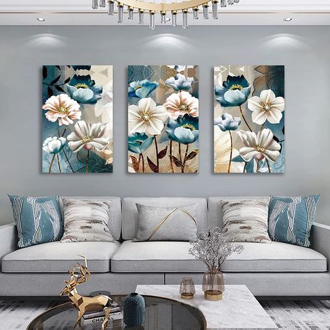 SERIMINO 3 Piece Lotus Flower Canvas Wall Art for Living Room White and Indigo Blue Floral Picture Wall Decor for Dining Room Bedroom Bathroom Kitchen Print Painting for Home Decorations Flower Wall Painting, Flower Canvas Wall Art, Art Minimaliste, Wall Decor Pictures, Living Room White, Modern Flower, Flower Canvas, Unique Wall Decor, Rooms Home Decor