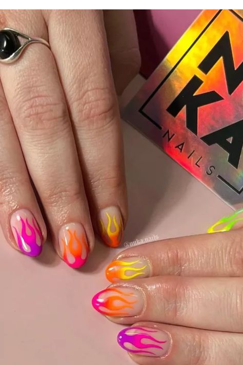 Ombré Flame Nails Fire Ombre Nails, Yellow Flame Nails, Random Nails, Flame Nails, French Tips, Seasons Of The Year, Pink And Yellow, Neon Orange, Ombre Nails