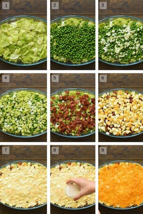 Layered Salad With Peas, Seven Layer Salad Recipe, 7 Layer Salad, Cajun Chicken Pasta Recipes, Layer Salad, Seven Layer Salad, Layered Salad Recipes, Make Ahead Salads, Creamy Pasta Recipes