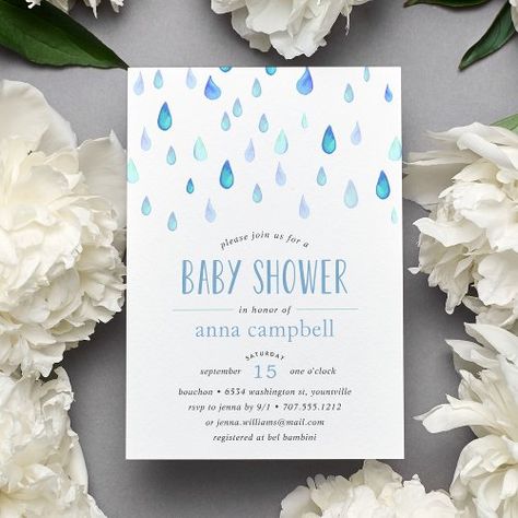 Blue Raindrops | Baby Shower Invitation for $2.92 - Baby Shower Invitations Rain Themed Baby Shower Ideas, Rain Baby Shower Theme, Raindrop Baby Shower, Rain Baby Showers, Bby Shower Ideas, Spring Baby Shower Invitations, Baby Bot, Sprinkle Sprinkle, Blue Baby Shower Invitations