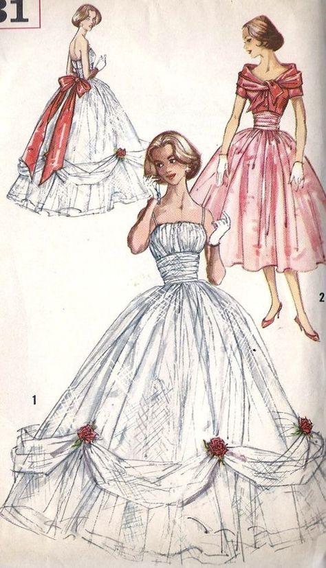 Ball Gown Dress Pattern, 1950s Ballgown, Gown Dress Pattern, Vintage Fashion Sketches, Secret Wedding, Ballgown Wedding, Ball Gown Dress, Simplicity Dress, Fashion Illustration Vintage