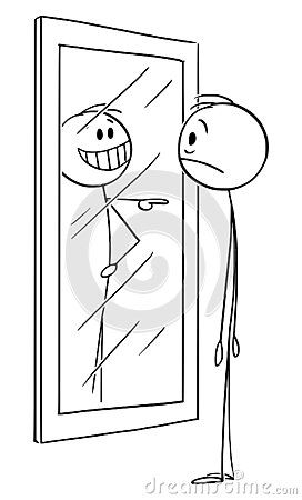 Vector Cartoon Illustration of Frustrated Man With Low Confidence or Self Esteem Looking at Mirror, His Reflection Is stock illustration Drawing Of Low Self Esteem, Illustration Self-esteem, Your Reflection Drawing, Low Confidence Illustration, Insecure Drawing Mirror, Self Esteem Drawings, Man Looking In Mirror Drawing, Drawing A Mirror, Reflect Illustration