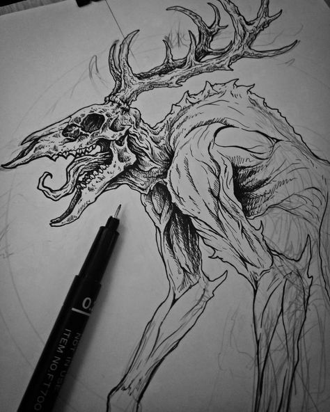 Creepy Gothic Art, Skin Walker Drawing, Windigo Reference Drawing, Wendigo Art Dark, Wendigo Sketch, Monster Drawing Sketches, Wendigo Drawing, Wendigo Art, Creepy Sketches