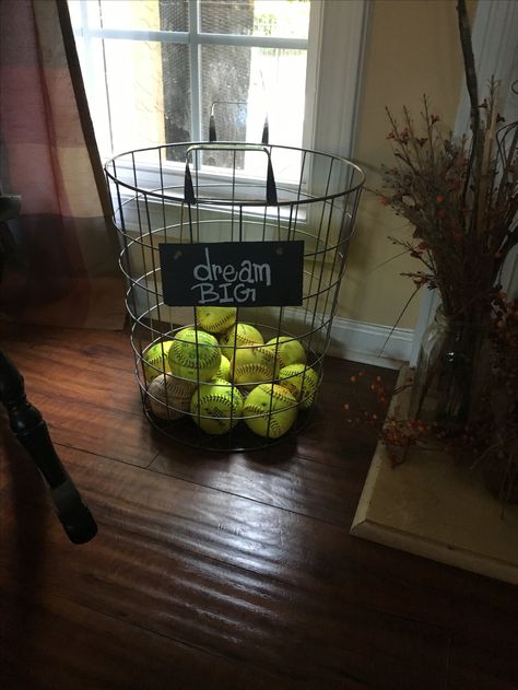 Softball Homerun Ball Display, Softball Game Ball Display, Homerun Ball Display, Softball Trophy Display Ideas, Softball Display Ideas, Softball Bedroom Ideas, Softball Bedroom Decor, Softball Bedroom, Kids Hangout Room