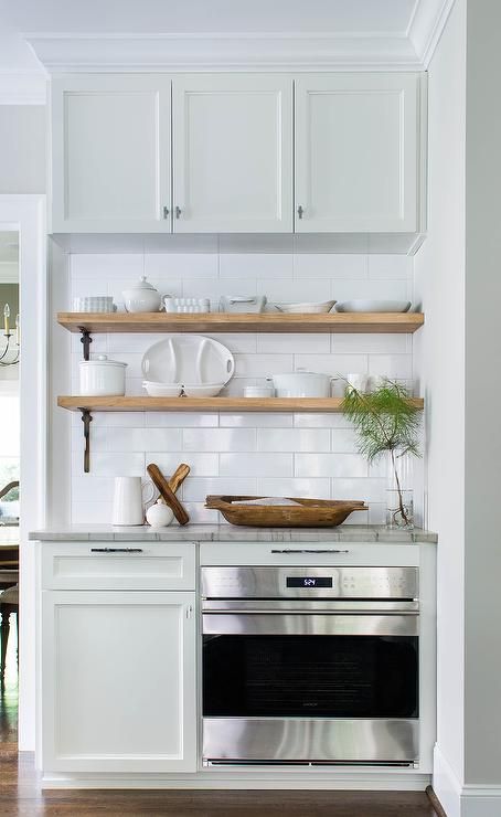 Stacked Wood Kitchen Shelves with Iron Brackets, Transitional, Kitchen Wood Kitchen Shelves, Wood Shelves Kitchen, Kitchen Island With Stove, Wood Kitchen Cabinets, Contemporary Kitchen Design, Transitional Kitchen, Shabby Chic Kitchen, Chic Kitchen, Upper Cabinets