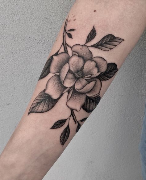 Tiny Flower Sleeve Tattoo, Neo Trad Flowers Black And Grey, Magnolia Tattoo Black And White, Magnolia Tattoo Traditional, Traditional Magnolia Tattoo, Floral Black Work Tattoo, Shaded Flower Tattoo, Black Floral Tattoo, Magnolia Tattoo Design