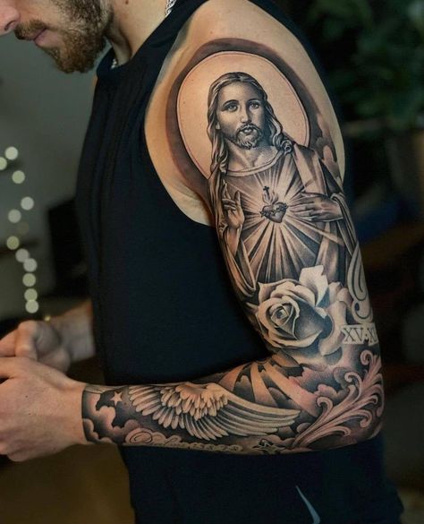 Albanian Tattoo, Jesus Tattoo Sleeve, Religous Tattoo, Forearm Cover Up Tattoos, Beautiful Tattoo Designs, Inner Bicep Tattoo, Cross Tattoo For Men, Graffiti Tattoo, Full Arm Tattoos