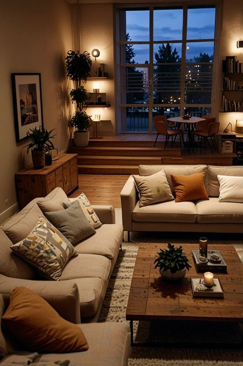 Cozy Elevated Living Room, Little Apartment Aesthetic Living Room, Living Room With Three Windows, Living Room Light Brown Couch, Cozy Minimalist Living Room Small Spaces, Cozy Apartment Living Room Ideas, Living Room Inspiration Cozy Apartment, Earthy Minimalist Living Room, Warm Living Room Aesthetic