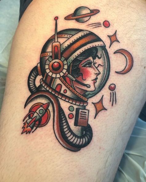 Matt Houston on Instagram: “Space girl for Ryan or zoomed in from Calgary to pick up this piece!” Rocket Tattoo, Abstract Tattoo Ideas, Cowgirl Tattoos, Astronaut Tattoo, American Traditional Tattoo Ideas, Traditional Tattoo Inspiration, Traditional Tattoo Ideas, Traditional Tattoo Designs, Traditional Style Tattoo