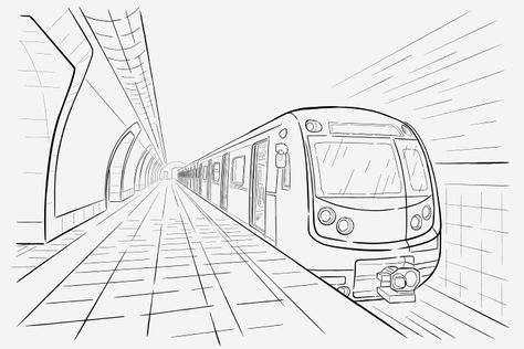 Drawing Ideas For Teenagers, One Perspective Drawing, 1 Point Perspective Drawing, Teenage Drawings, Creative Drawing Ideas, 1 Point Perspective, View Illustration, Train Drawing, Train Illustration