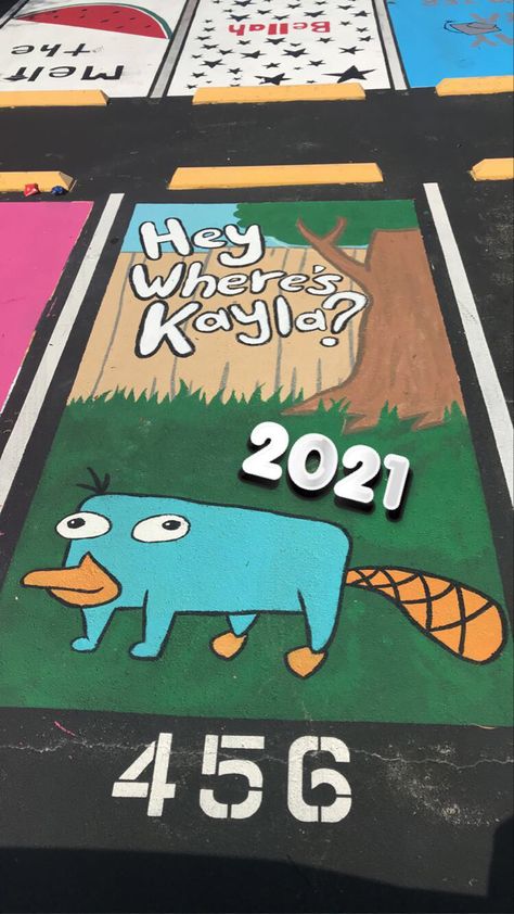 Senior Parking Space Ideas High School Musical, Painting Your Parking Spot, Bestie Senior Parking Spots, Senior Brick Ideas Painting, Cars Senior Parking Spot, Guy Parking Spot Painting, Adventure Time Parking Spot Painting, Senior Wall Painting Ideas, Senior Tile Painting Ideas