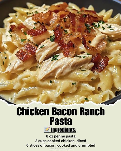 Time of Recipes | 🥓 Chicken Bacon Ranch Pasta - creamy, dreamy, and oh-so-delicious | Facebook Creamy Chicken Bacon Ranch Pasta, Bacon Ranch Pasta, Pasta Creamy, Chicken Bacon Ranch Pasta, Ranch Pasta, Rotini Pasta, Pasta Ingredients, Chicken Bacon Ranch, Bacon Ranch