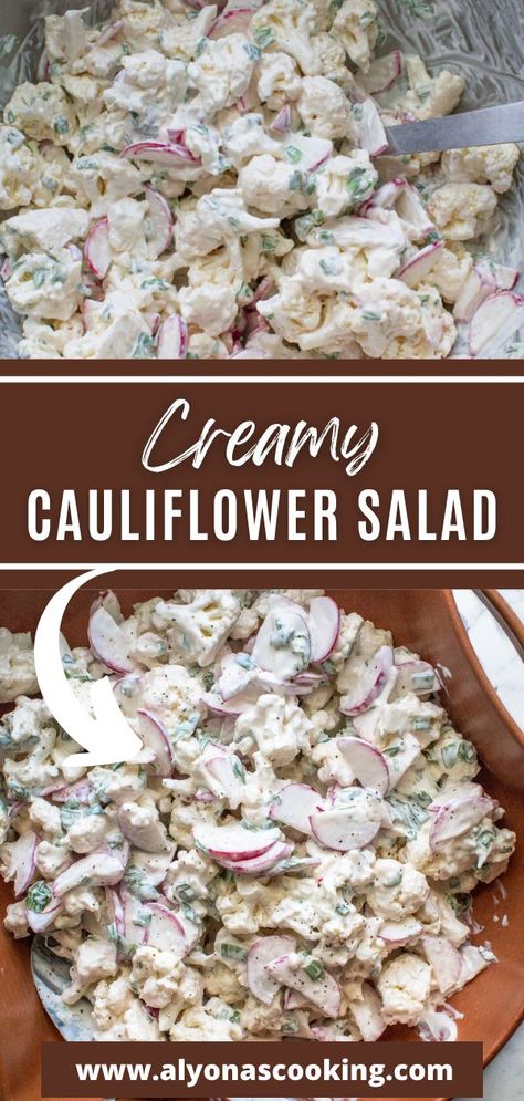 Cauliflower And Radish Salad, Ranch Cauliflower Salad, Cauliflower Recipes Salads, Creamy Cauliflower Salad, Coliflower Salad Recipes Raw, Cold Cauliflower Salad, Cauliflower Salad Dressing, Raw Cauliflower Recipes, Califlower Recipes Salads