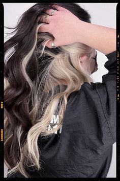 Blonde Hair Bottom Half, Black Hair With Blonde Bottom Layer, Blonde Layer Under Brown Hair, Hair Blonde Top Dark Underneath, Dark Brown Hair With Blonde Highlights Underneath, Coloring Under The Hair, Half Blonde Underneath Half Brown, Blonde Under Brunette Hair, Blonde Underlights Hair Brunettes