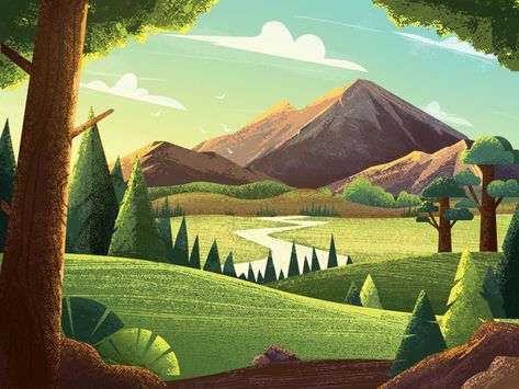 Landscape Forest, Mountain Illustration, Mountain Scenery, Book Illustration Art, Landscape Artwork, Cartoon Background, Green Forest, Padang, Landscape Illustration