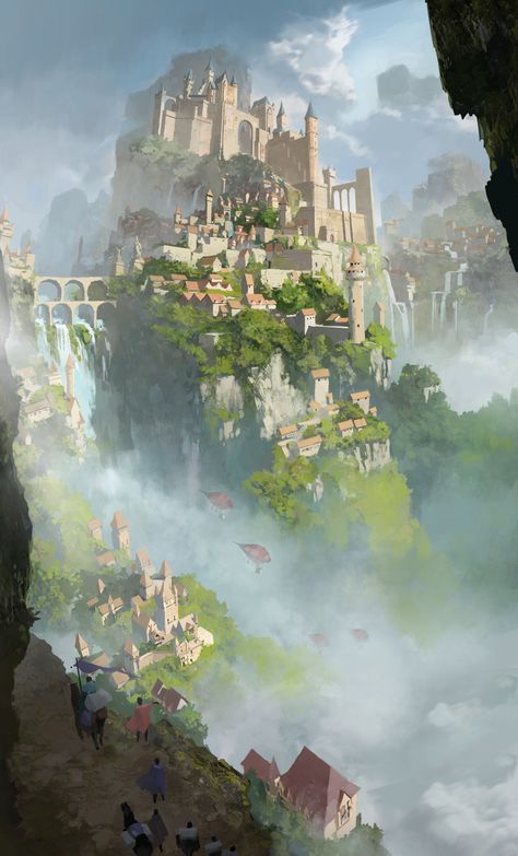 Yu Yiming, Fantasy City, Fantasy Castle, Biome, Fantasy Setting, Fantasy Places, Art Et Illustration, Fantasy Art Landscapes, Fantasy Concept Art