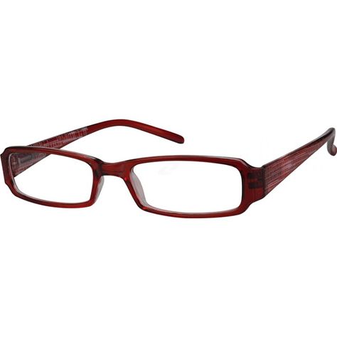 A plastic full-rim frame with long flexible plastic temple arms, and design on temples....Price - $9.95 Rectangle Frame Glasses, Bayonetta Glasses, Holographic Fashion, Glasses Frames Trendy, Rectangle Glasses, Red Glasses, Zenni Optical, Fashion Eye Glasses, Cute Glasses