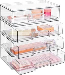 Vtopmart 12''W Clear Stackable Storage Drawers,4 Pack Acrylic Plastic Organizers Bins for Makeup Palettes, Cosmetics, and Beauty Supplies,Ideal for Vanity, Bathroom,Cabinet,Desk Organization Dreambox Craft Storage, Space Ceramics, Acrylic Drawer Organizer, Art Craft Room, College Needs, Makeup Bathroom, Makeup Storage Ideas, Girly Bathroom, Cabinet Desk