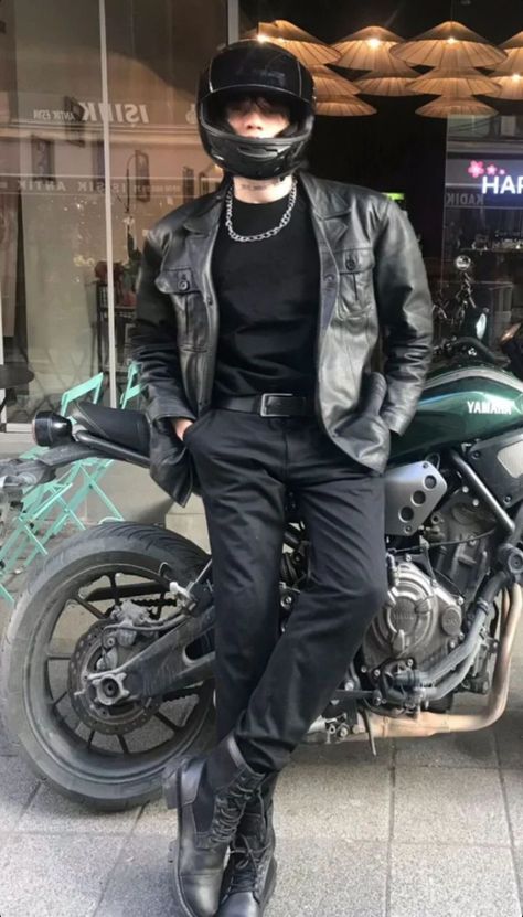 Motorcycle Aesthetic Outfits Men, Tough Guy Outfit, Bad Guy Outfits, Mechanic Guy Aesthetic, Biker Boy Outfit, 90s Leather Jacket Outfit Men, Motorcycle Men Outfit, Leather Trench Coat Outfit Men, Mafia Boss Outfit Men