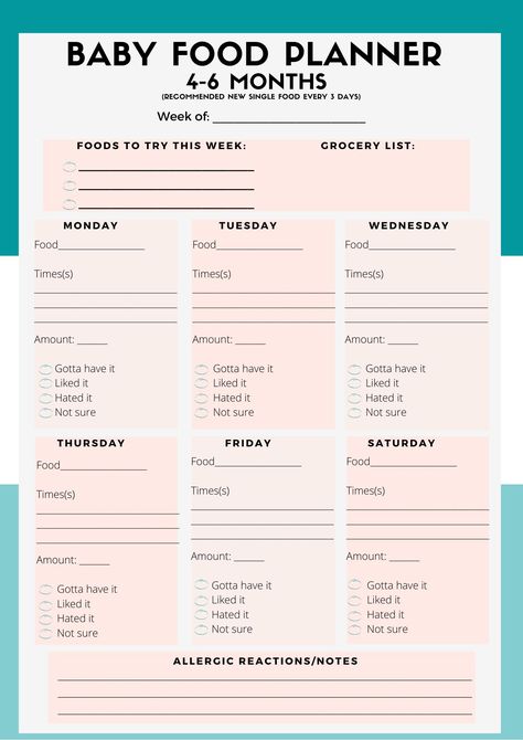 Food Planner Printable, Baby First Food Chart, Food Log Printable, Food Planner Template, Meal Prep Planner, Timetable Template, Binder Ideas, Baby Tracker, Baby Feeding Chart