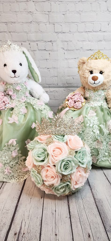 "Custom Personalized Quinceanera Bear/Last Doll/Oso made to look just like the quinceanera's dress. Attention to detail is my forte.  Includes the 20\" bear, dress, tiara, lashes, bouquet and jewelry. Please allow more than 8 weeks to make the bear.  May be longer during peak season.  Please message me with the following information: - Pictures of the front and back of the dress. - Color description as sometimes the pictures may appear differently.  - Date of the Quinceanera - Color of accessori Blue And Green Quinceanera Theme, Enchanted Forest Theme Quinceanera Damas, Sage And Pink Quince Dress, Sage Quinceanera, Emerald Green Quince Teddy Bear, Sweet 16 Colors, Pink And Sage Green Quinceanera, Quince Bear Sage Green, Emerald Green And Pink Quinceanera Theme