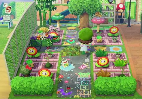 Acnh Froggycrossing, Froggycrossing Island, Animal Crossing Build Ideas Kidcore, Kidcore Animal Crossing Builds, Acnh Kidcore Entrance Ideas, Kid Core Acnh, Acnh Community Garden, Acnh Kidcore Build Ideas, Kidcore Animal Crossing