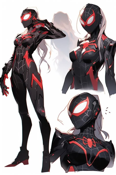 Woman In Spiderman Suit, Spider Man X Black Widow, Black Widow Spidersona, Spider Sonas Ideas, Spidersona Suit Designs Female, Spider Man Costume Design, Spider Man Character Design, Black Spidersona, Spider Drawing Reference