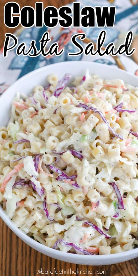 Coleslaw Pasta Salad is a terrific side dish for any meal! Coleslaw Pasta Salad, Coleslaw Pasta, How To Make Bbq, Coleslaw Salad, Cold Pasta Salad Recipes, Salad Inspiration, Chicken Bowls, Pasta Side Dishes, Pasta Sides