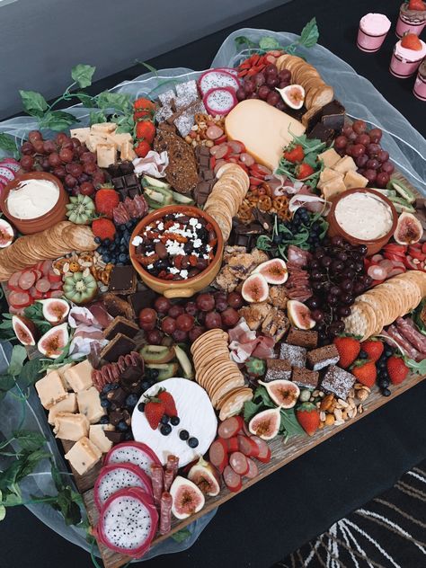 square platter filled with an assortment of cheese, dip, fruit and cured meat plus some extra yummy sweets 30th Birthday Grazing Table, Flat Lay Grazing Table, Budget Grazing Table, Grazing Table Cocktail Hour, Colourful Grazing Table, Grazing Table, Street Party, Grazing Tables, Cheese Dip