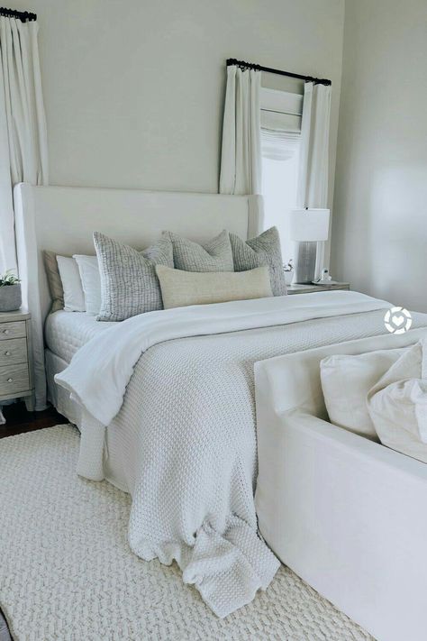 White Bedding Guest Room, White And Off White Bedding, Linen And White Bedroom, Queen Bed White Comforter, Cream Bed With White Bedding, White Bedding Ideas Minimalist, Elliot Shelter Upholstered Bed, White And Ivory Bedding, Styling White Bedding