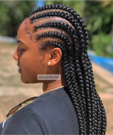 One can never go wrong with jumbo cornrows. Jumbo Scalp Braids, Cornrows Braids For Black Women With Big Forehead, Canrows Going Back, Big Conrows Lines For Black Women, Pushback Cornrows, Jumbo Cornrows Braids For Black Women, Cornrows Going Back, Large Cornrows Braids Black Women, Back Cornrows Braids