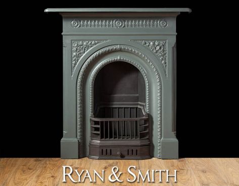 Antique Victorian Cast Iron Fireplace With fine decorative castings and arched opening. Restored and painted using “down-pipe”, a colour from the Farrow and Ball paint range.  Circa 1870 Antique Cast Iron Fireplace, Fireplace Restoration, Edwardian Fireplace, Faux Fireplace Mantels, Iron Stone, Fireplace Cover, Wood Stove Fireplace, Paint Fireplace, Room Fireplace