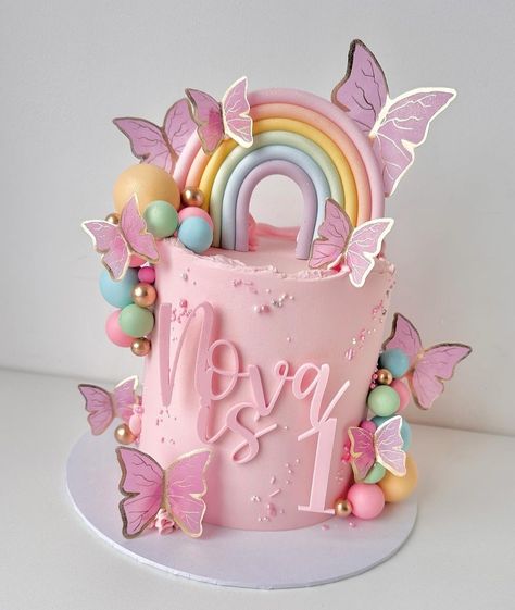 Birthday Cake For Toddler Girl, Rainbow Butterfly Cake, Pink Unicorn Cake, First Birthday Decorations Boy, Bunny Birthday Cake, Toddler Birthday Cakes, Modern Birthday Cakes, Butterfly Birthday Theme, Cake Designs For Girl