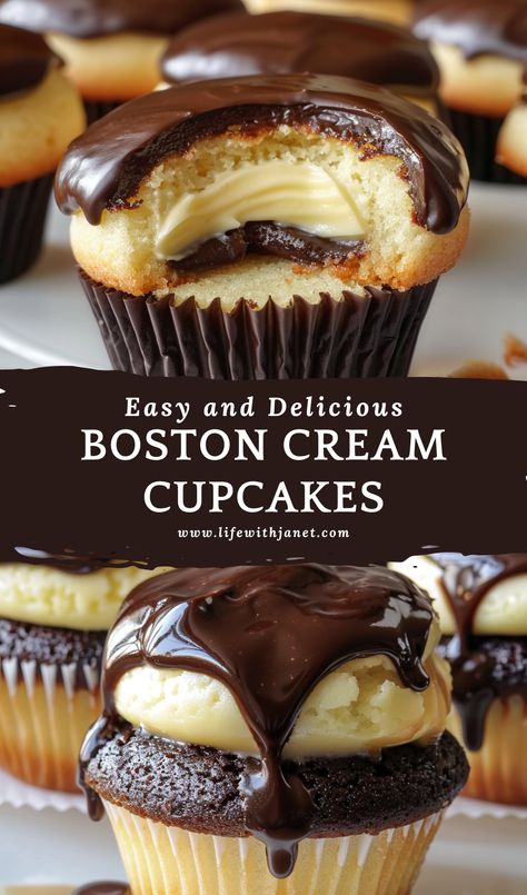 Tender vanilla cupcakes filled with luscious pastry cream and topped with rich chocolate ganache.#bostoncream #cupcakes #dessert #baking #chocolateganache #pastrycream Boston Creme Filling, Boston Cream Desserts, Boston Cream Filling, Cupcake Filling Ideas, Filled Cupcake Recipes, Cupcake Fillings, Cupcake Filling Recipes, Filled Cakes, Cupcakes Rellenos