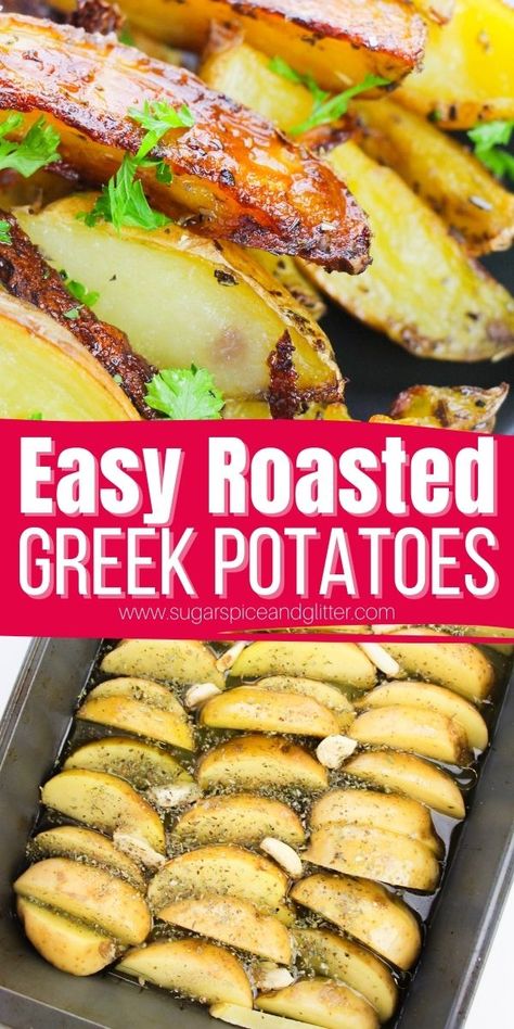 Buttery with fork-tender potatoes and crispy edges and can be played up with a variety of flavor profiles, Greek Roasted Potatoes are great for BBQs or for serving alongside Greek main dishes like souvlaki, gyros or lamb. Greek Potato Wedges, Simple Baked Potato, Greek Potatoes Recipe, Roasted Greek Potatoes, Greek Style Potatoes, Greek Roasted Potatoes, Greek Recipes Easy, Greek Vegetables, Greek Cucumber Salad