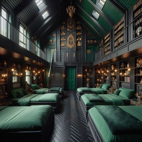 Slytherin Inspired Bedroom, Slytherin Bedroom Ideas, Slytherin Dorm Room, Slytherin Dormitory, Slytherin Bedroom, Slytherin Room, Hogwarts Room, Slytherin Common Room, Alaska Cabin