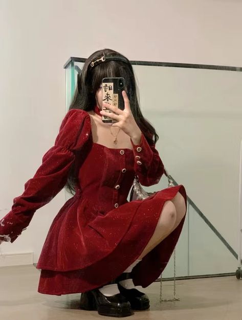 Red Fancy Outfits For Women, Red Christmas Dress Aesthetic, Red Dress Aesthetic Casual, Christmas Aesthetic Dress, Aesthetic Christmas Dress, Christmas Ootd Korean, Red Christmas Outfit Aesthetic, Red Korean Outfits, Red Dresses For Christmas