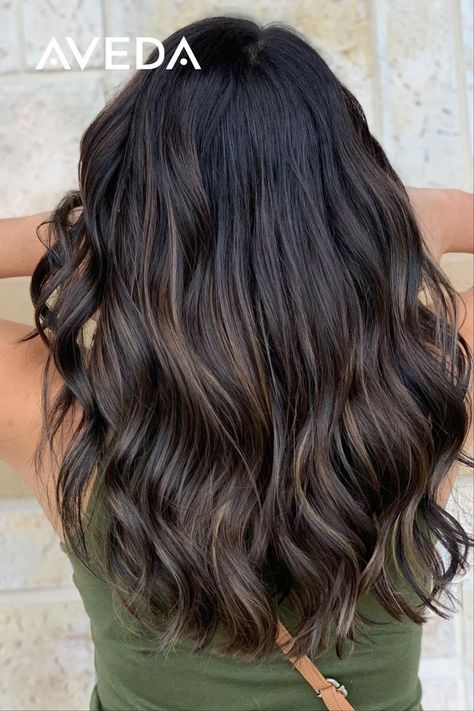 Dark Roast Hair, Aveda Dark Brown Hair Color, Dark Brown Hair Color With Low Lights, Winter Haircuts 2022 Medium, Dark Brunette Balayage Hair Medium Length, Medium Length Brown Hair With Lowlights, Short Dark Brown Hair With Low Lights, Hair Color With Lowlights, Lowlights For Brunettes Dark