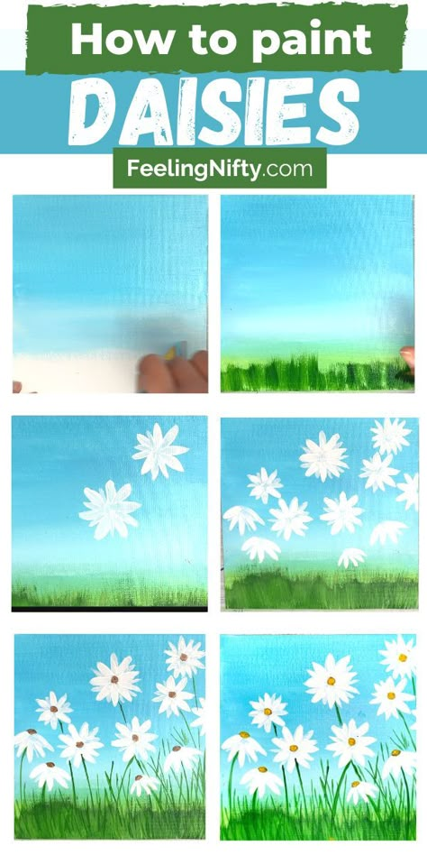 Easy Acrylic Daisy Painting, Diy Daisy Painting Easy, Easy Painting How To, Spring Art Class Ideas, Daisy Flower Acrylic Painting, Flower Print Painting, How To Paint Spring, Wildflower Painting Easy Tutorial, Summer Flower Paintings Easy