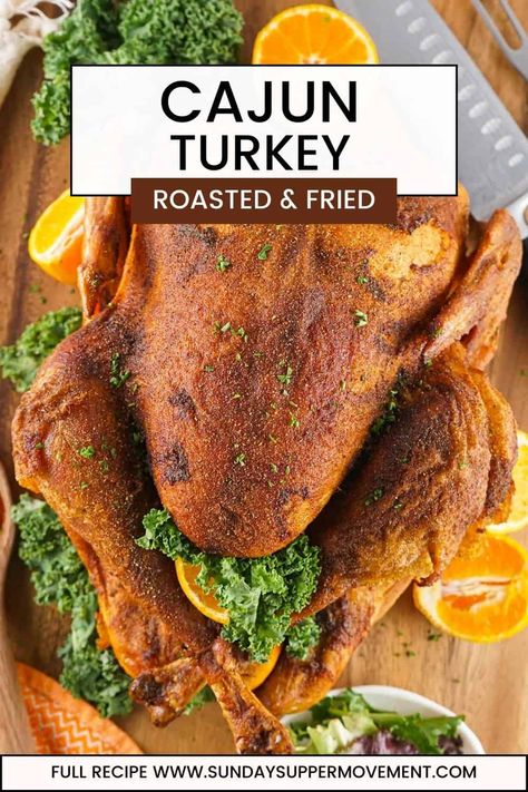 This glorious roasted-and-fried Cajun Turkey Recipe is like no turkey you've ever had before! If you like Popeyes Cajun Turkey, try this! via @thesundaysupper Turkey Deep Fryer Recipes, Cajun Injection For Turkey, Popeyes Turkey Recipe, Cajun Baked Turkey, Oilless Turkey Fryer Recipes, Cajun Compound Butter For Turkey, Cajun Turkey Rub Recipe, Fried Turkey Recipes Thanksgiving, Popeyes Cajun Turkey Recipe