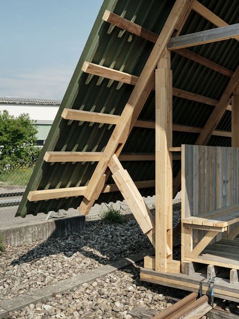 isla architects builds temporary pavilion in basel from reclaimed materials Timber Joints, Industrial District, Timber Architecture, Timber Roof, Studio Build, Temporary Structures, Timber Buildings, Basel Switzerland, Backyard Sheds