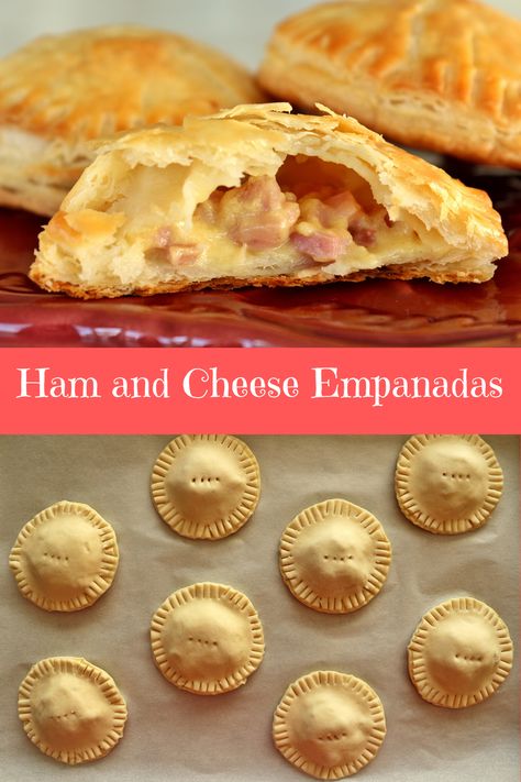 These flaky empanadas are filled with ham and cheese, a classic combination. Easy to make in advance, these hand-held pies are great for parties or on the go! #empanadas #ham #cheese #appetizers #entertaining #snacks Ham Hand Pies Recipes, Ham And Cheese Empanadas Recipes, Ham And Cheese Turnovers, Hand Held Lunches, Hand Held Food Ideas, Hand Held Breakfast Ideas, Hand Held Appetizers, Ham And Cheese Hand Pies, Ham And Cheese Pie Recipe