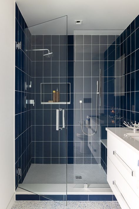 Dark Blue Shower Tile, Navy And White Bathroom, Bathrooms 2024, Small Baths, Small Bathroom With Tub, Restroom Ideas, Dark Blue Tile, Blue Shower Tile, Dark Blue Bathrooms