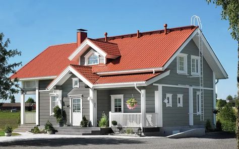 Red Roof House Colors, Terracotta Roof House, Red Roof House, Roof Tops, Gray House, Roof House, Exterior House Paint Color Combinations, Exterior House Color, Pintura Exterior