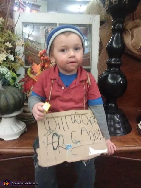 Hobo Will Work for Candy Costume | DIY Costumes Under $45 Diy Homeless Costume, Homeless Costume, Candy Costume Diy, Dirt On Face, Candy Halloween Costumes, Candy Costume, Candy Costumes, Homemade Costume, Costume Works