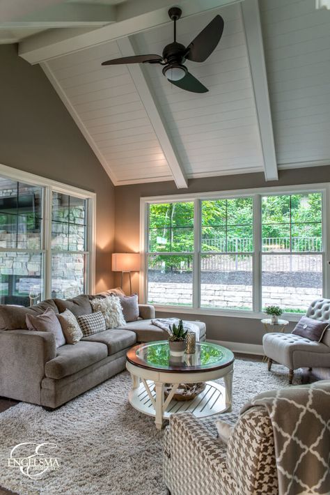 Craftsman Sunroom Ideas, Sunroom Ideas Dark Walls, Sunroom Vaulted Ceiling, Sunroom Ceiling, Dark Beams, Cozy Sunroom Ideas, Paneled Ceiling, All Season Room, 3 Season Room